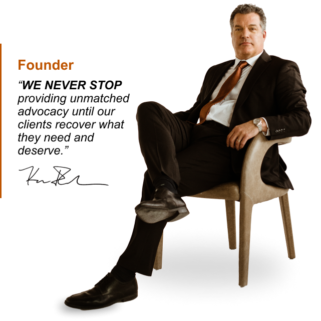 A man in a suit sits on a chair next to a quote about advocacy for clients' recovery, labeled "Founder," with a signature underneath.