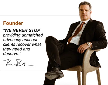 A man in a suit sits on a chair next to a quote about client advocacy attributed to the founder, whose signature appears below the text.