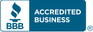BBB Accredited Business logo featuring a blue torch symbol and the text "Accredited Business" on a blue background.
