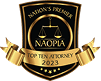 A gold and black emblem featuring scales of justice, reading "Nation's Pioneer NATOPIA Top Ten Attorney 2023.