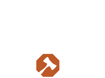 White text reads "WE NEVER STOP," with the "O" in "STOP" replaced by a red octagon containing a white gavel icon.