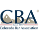 Logo of the Colorado Bar Association with "CBA" in large letters, stylized mountain design, and text "Est. in 1897" and "Colorado Bar Association" below.