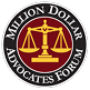 Circular logo with a gold justice scale in the center, surrounded by the words "Million Dollar Advocates Forum" on a black and burgundy background.