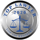Silver and blue badge with text "Top Lawyer 2020" and "Top 100 Registry" featuring a balanced scales of justice icon in the center.