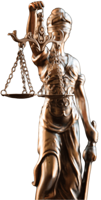 A bronze statue of Lady Justice holding balanced scales in her left hand, a sword in her right hand, and wearing a blindfold.