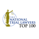 Logo of The National Trial Lawyers Top 100, featuring a statue of Lady Justice holding scales and text to the right of the image.